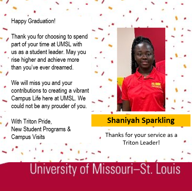 UMSLNewStudents's tweet photo. 🎓Happy Graduation! ​ Thank you for choosing to spend part of your time at UMSL with us as a student leader. May you rise higher and achieve more than you’ve ever dreamed. ​We will miss you and your contributions to creating a vibrant Campus Life here at UMSL. #UMSLgrad https://t.co/D91PzJ62Hr
