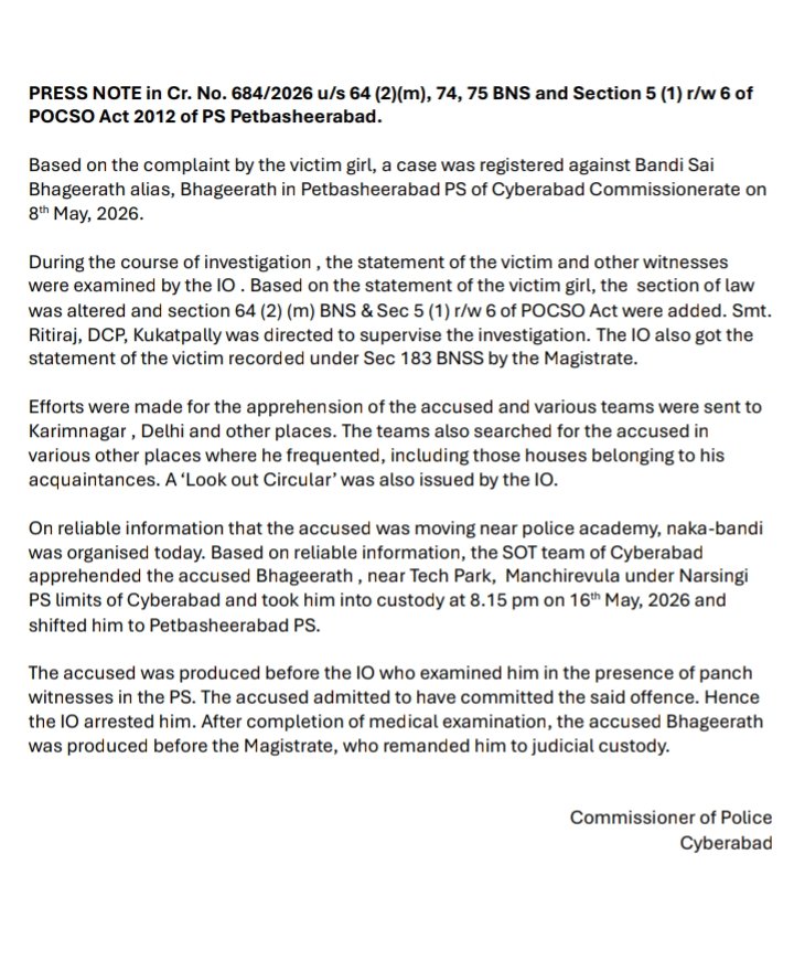 RevanthCh_'s tweet photo. Bandi Bhageerath, son of @bandisanjay_bjp arrested by the police in a POCSO case.

The Medchal court remanded him to judicial custody for 14 days, till May 29. @XpressHyderabad @NewIndianXpress https://t.co/iMCSggqwXp