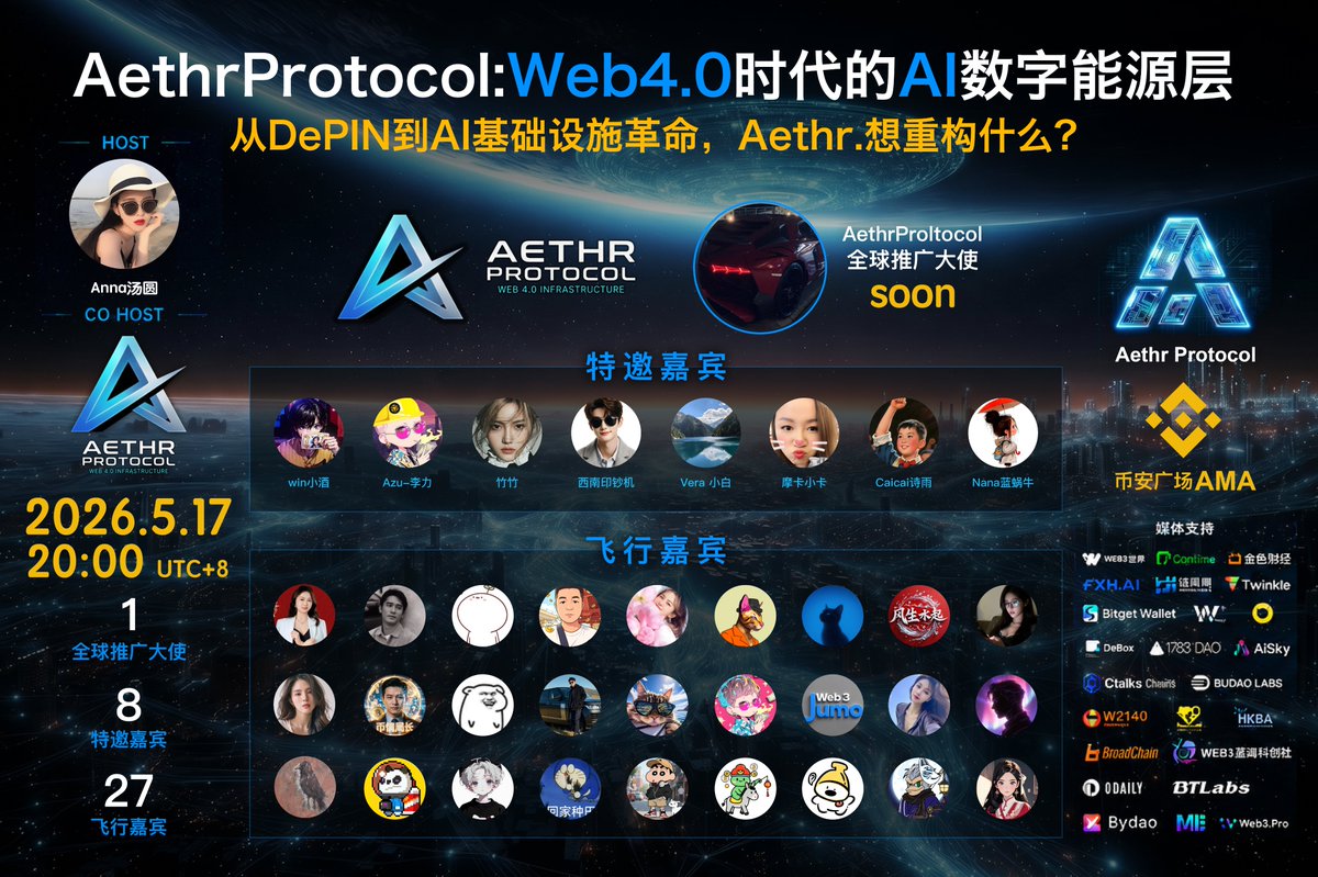 tangyuan131419's tweet photo. 今天5 月 17 日 20:00 UTC+8，
币安广场 Anna汤圆直播间不见不散，
让我们继续探讨：Aethr 协议——Web 4.0 的 AI 数字能源层
#币安广场 #depin https://t.co/P5HjezPJxt