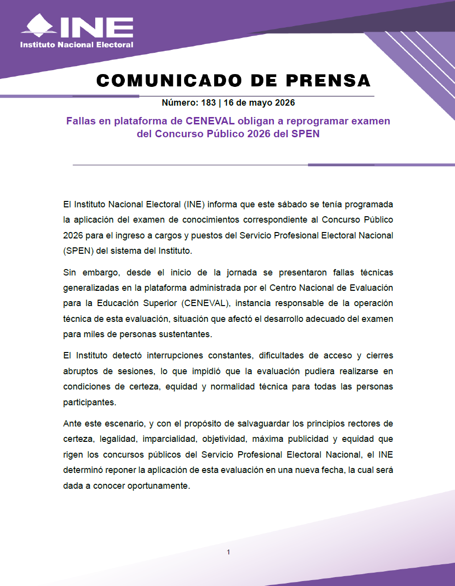 INEMexico's tweet photo. #BoletínINE | 📣 ¡AVISO IMPORTANTE!

La aplicación de la evaluación del Concurso Público 2026 para el ingreso a cargos y puestos del #SPEN se repondrá en una nueva fecha.

ℹ️ Los detalles y demás indicaciones logísticas para la nueva aplicación se notificarán, a través del sitio oficial del Instituto y en los correos electrónicos registrados por las personas aspirantes.  

🔗 Más información:  https://t.co/ZrZ7UPbQq2