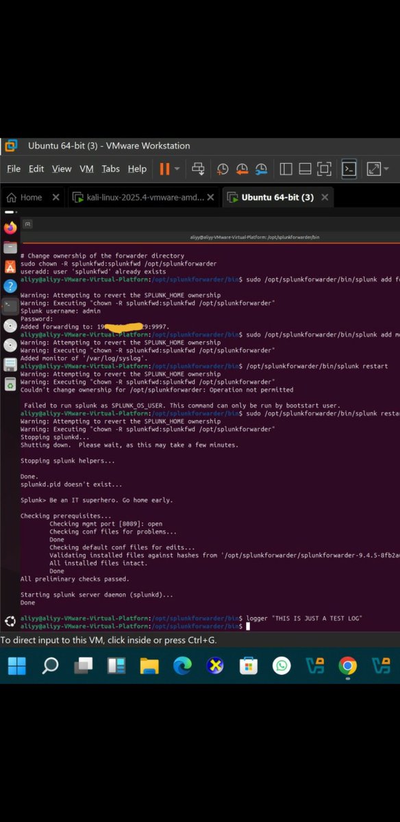 AliyyOmotu61460's tweet photo. Just built a mini SOC in my home lab 👀 Installed Splunk on Kali Linux as the indexer, deployed a Universal Forwarder on Ubuntu, and watched 8,827 real logs flow in live. This is the kind of hands-on work that separates you from the crowd.@ireteeh @confirmedHOD @cyberjeremiah https://t.co/AmRaBdizo3