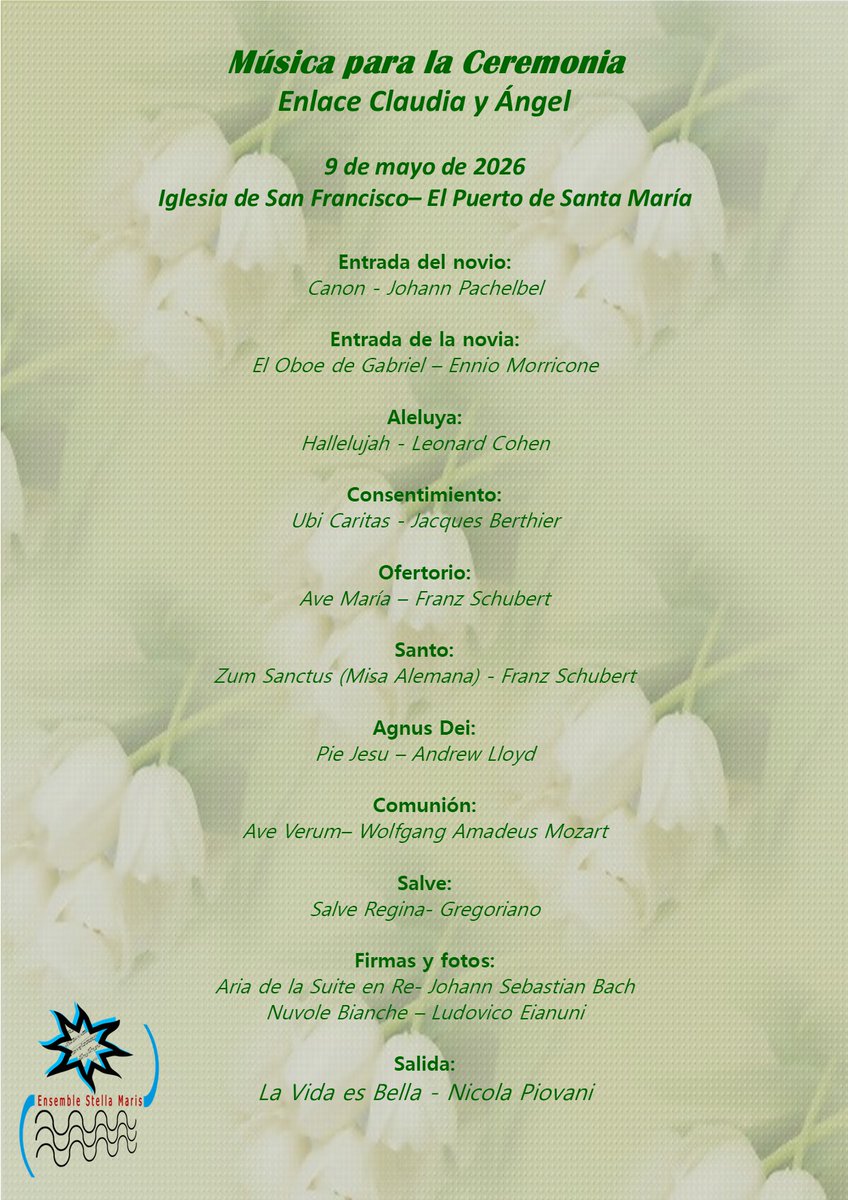 EnsembleStellaM's tweet photo. 𝑩𝒐𝒅𝒂 𝒅𝒆 𝑪𝒍𝒂𝒖𝒅𝒊𝒂 𝒚 𝑨́𝒏𝒈𝒆𝒍

 El pasado 9 de mayo, el Ensemble Stella Maris participó en la ceremonia de matrimonio de Claudia y Ángel, que se celebró en la Iglesia de San Francisco de El Puerto de Santa María. https://t.co/F20v5iUwNI