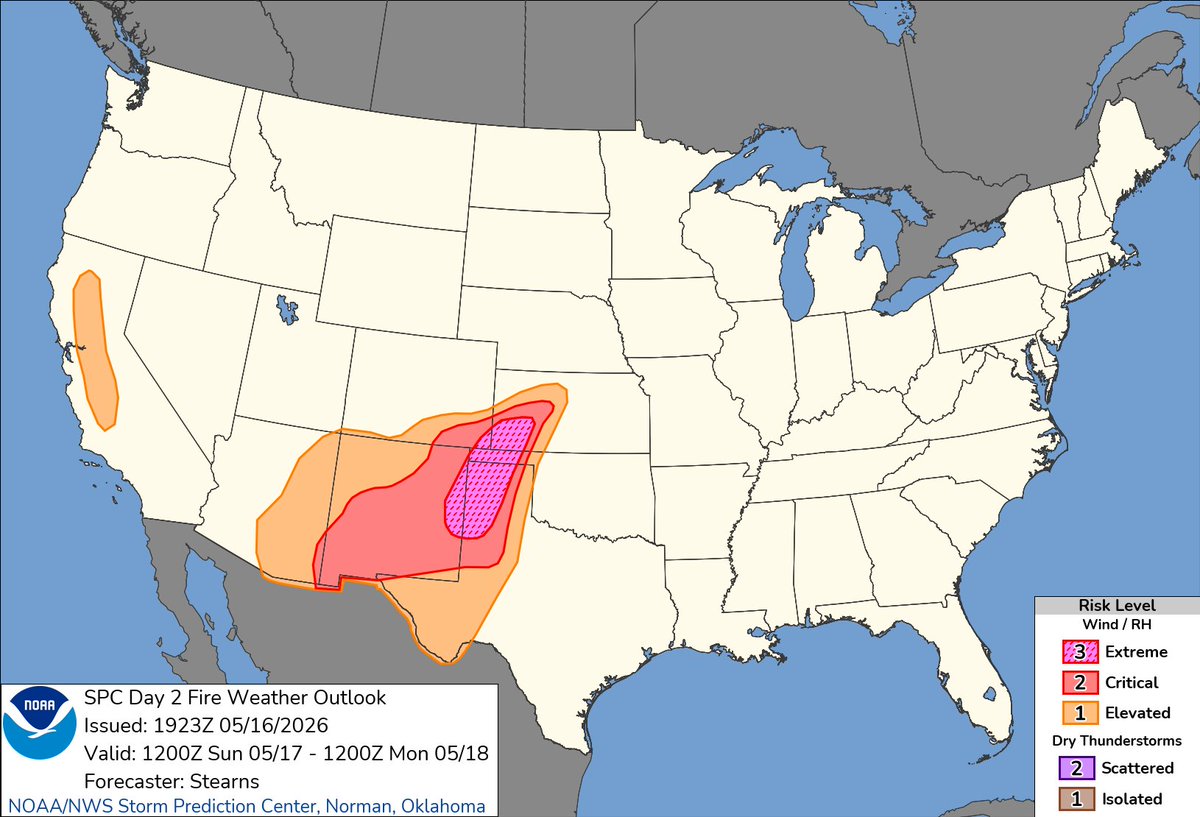 NWSSPC's tweet photo. 2:25pm CDT #SPC Day2 #FireWX Extremely Critical: portions of extreme eastern new mexico, extreme southeastern colorado, far southwestern kansas, and western portions of the texas and oklahoma panhandles https://t.co/LEoXKVkfmU https://t.co/5cDTYBgFCe