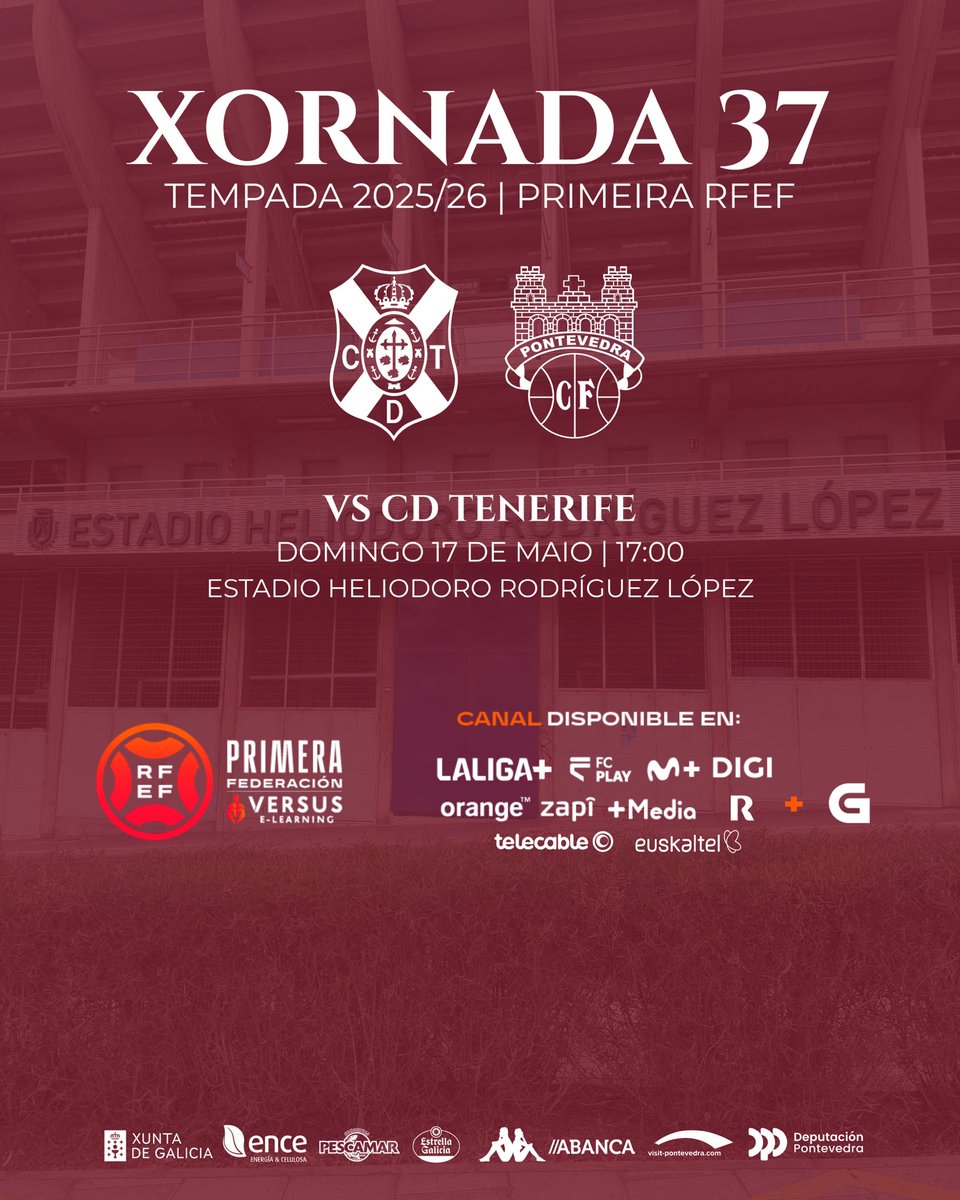 PontevedraCFSAD's tweet photo. 𝑻𝑽 🖥️ | O #TenerifePontevedraCF de mañá será retransmitido a través das seguintes canles 👇👇

🖥️ Multicanal lineal + TVG2

#TenerifePontevedraCF
#PrimeraFederacion | #VersusELearning https://t.co/upyb5kfgpi