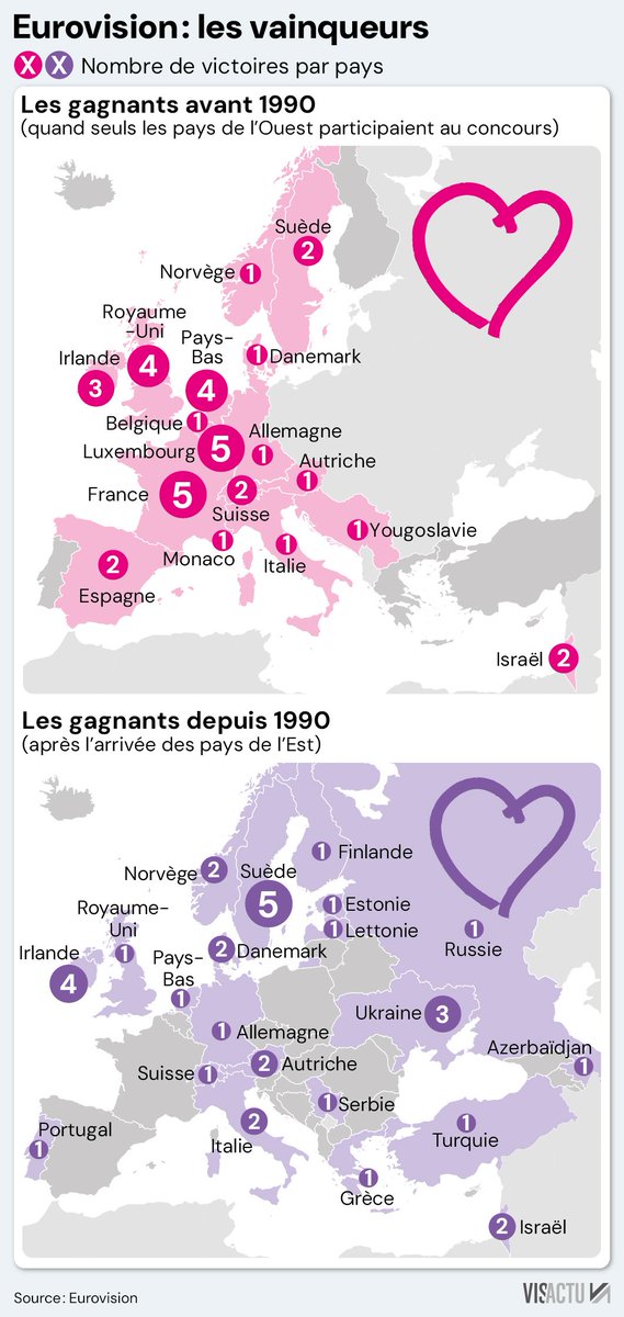 visactu's tweet photo. La finale de la 70e édition du Concours #Eurovision de la chanson se tient ce samedi soir à Vienne, en Autriche, dans la Wiener Stadthalle.
Retour sur les précédents vainqueurs en cartes. https://t.co/5rXs6837wL