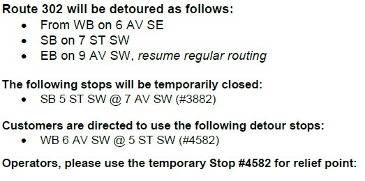 calgarytransit's tweet photo. #CTRiders, due to LRT track maintenance over the long weekend, the #Route302 will be on detour starting today Fri May 15 @ 6PM until end of service on Mon May 18. Please see below for a map and bus directions, as well as more info here: https://t.co/wXzyeeV1OT https://t.co/3fmCcK8I6w