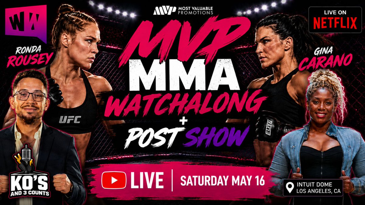 WWTalkPod's tweet photo. Ronda Rousey vs Gina Carano headlines MVP MMA LIVE on Netflix 🔥🥊
@TKTrinidad + @detroitnokout from KO’s & 3 Counts are going LIVE for the MVP MMA Watch Along + Post Show!

👀 Full card reactions
👀 Ngannou, Nate Diaz & more
👀 LIVE commentary + breakdowns

📺 Watch LIVE:
https://t.co/GXoNxX2RZq

#RondaRousey #GinaCarano #MVPMMA #Netflix #MMA