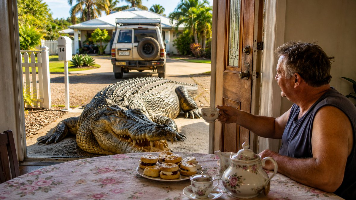 TheBunyip's tweet photo. Darwin Man Fails To Remove Crocodile From Driveway; Invites Him In For Tea And Scones Instead
#satire #BreakingNews #Darwin #OnlyInAustralia https://t.co/UqYC6Vdy24
