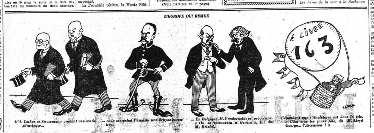 OOH99's tweet photo. Trouble in Europe #OTD 1926 
French newspaper cartoon recaps the main issues... Germany: Fall of Gustav Stresemann and Hans Luther's short-lived government 
Poland: Józef Piłsudski headed the May Coup  
Belgium: FM Emile Vandervelde is busy 
England: Lloyd-George overjoyed https://t.co/Ge42W0FnHm