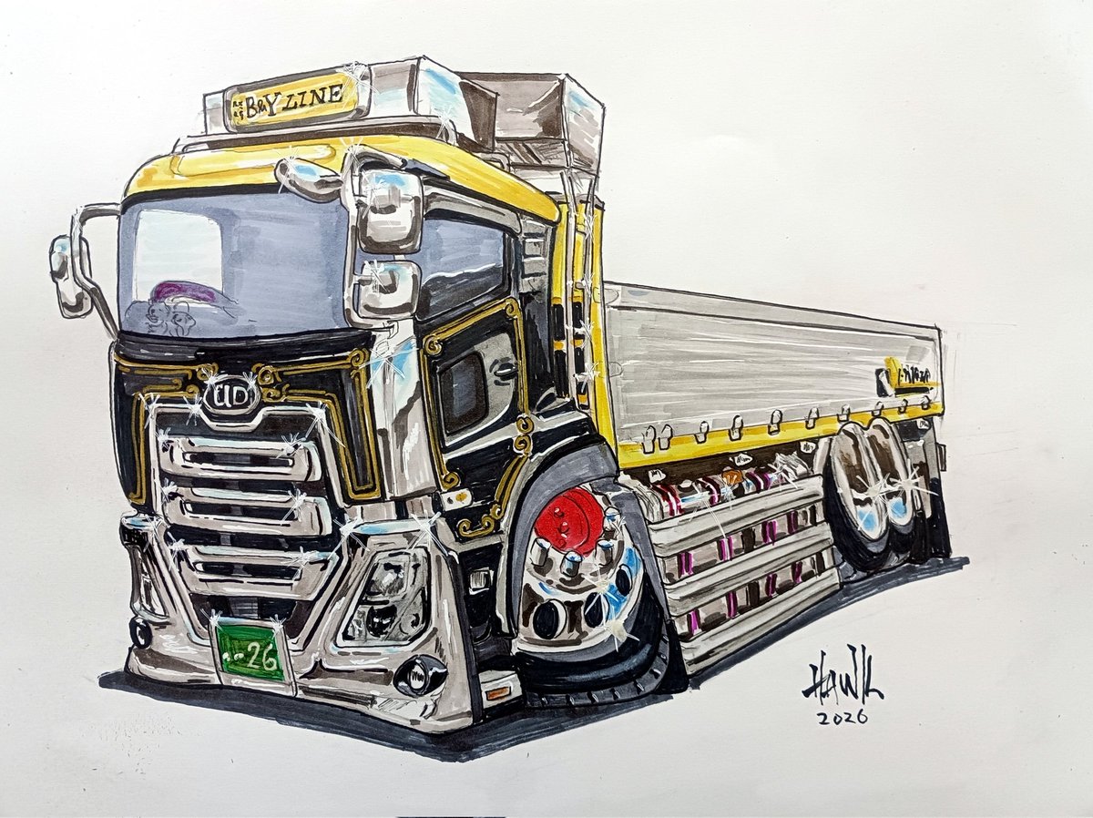Hawk71861099's tweet photo. おはようございます
時間がかかりましたが
トラックイラスト完成しました✋
今まで何回も描かせて頂いてる
誠ちゃんからの依頼です🚛
お待たせしました
有難うございます🙇‍♂
#トラックイラスト　#手描き　#アナログ　#車イラスト
本日もご安全に👍 https://t.co/sA3UxvqnuR