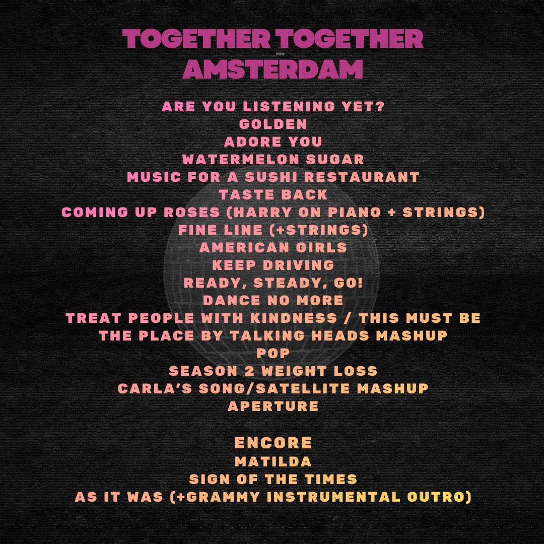 harryupdates__'s tweet photo. ／
#ハリー・スタイルズ
Together, Together ツアー
遂に開幕！💋🪩✨
＼

現地時間5/16(土)にオランダのアムステルダムで初日公演が開幕！🏟️セットリストが公開されています👇このアカウントでは海外公演のアップデートも行う予定です📱 (via @hsdaily) https://t.co/Iv4TV1LIch