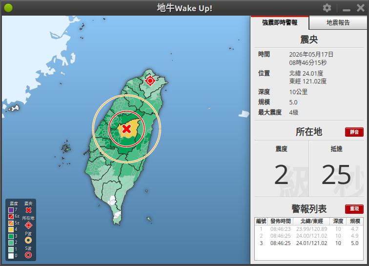 wakeupTW's tweet photo. 台北預估震度 2 級
2026-05-17 08:46:26 (UTC+8)
#地震 #地震速報 #台灣 #earthquakes #Earthquake #Taiwan https://t.co/Dj7CalvRWo