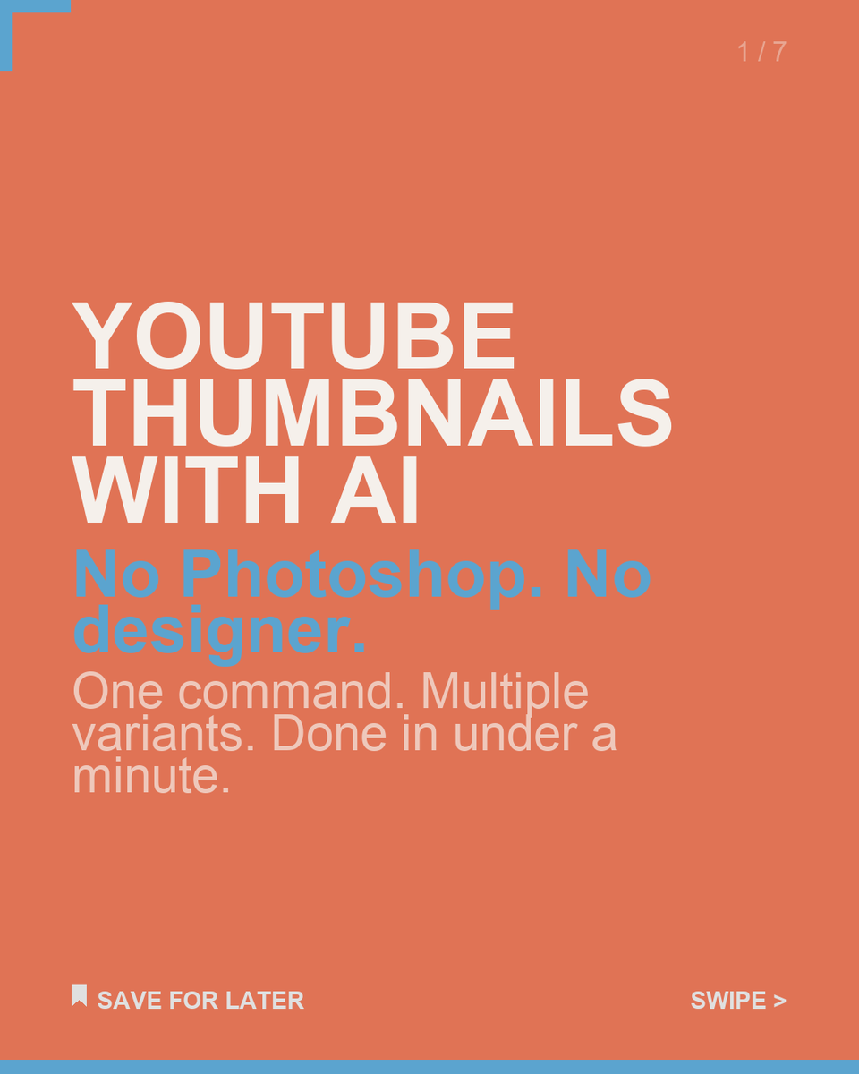 TylerReedAI's tweet photo. 47 thumbnails this month. never opened photoshop once. nano banana pro + claude code /thumbnail skill. here's the workflow. https://t.co/8JKDz46El4