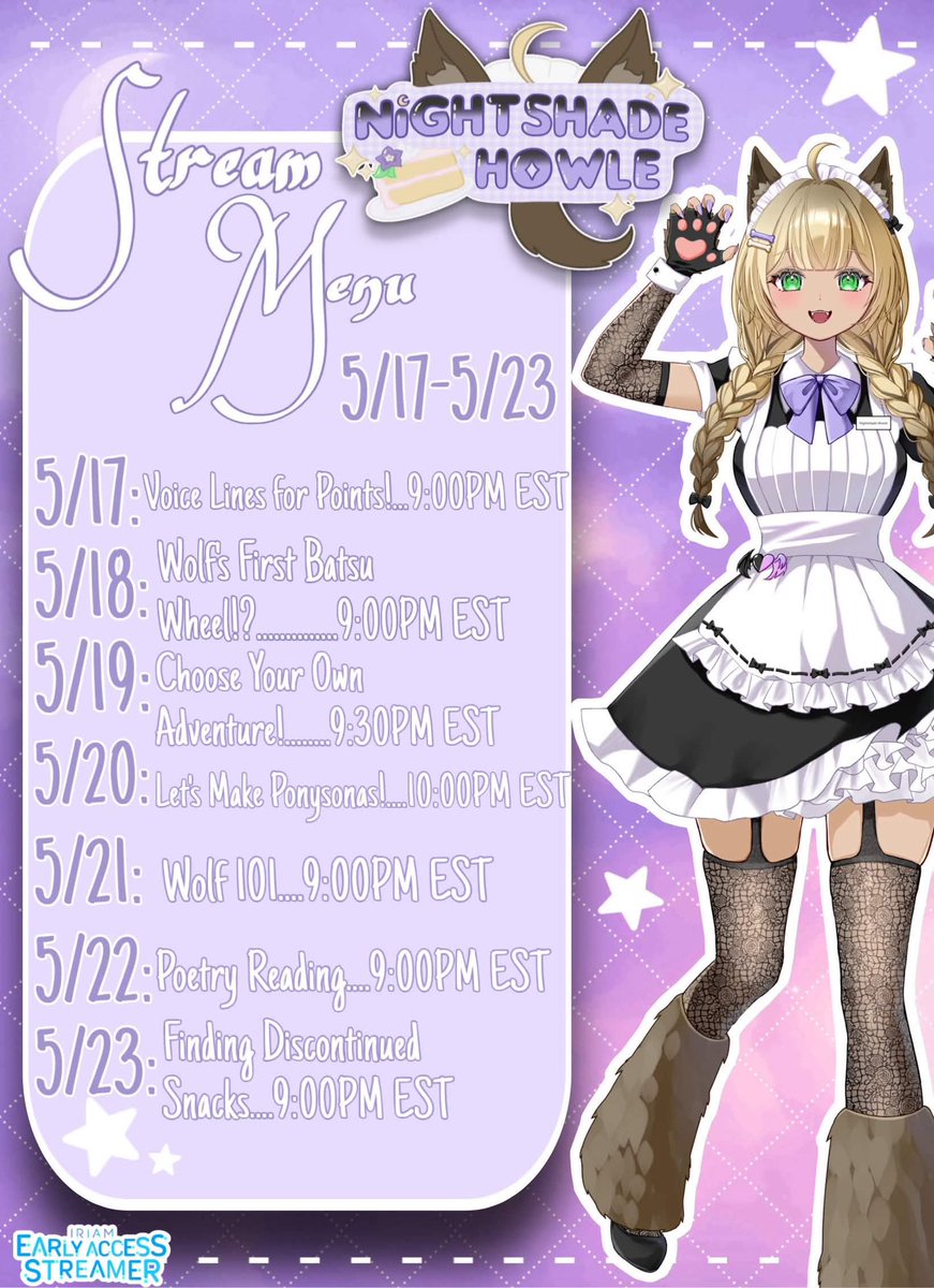 NightshadeHowle's tweet photo. Wolfpack!! I bring you nexts weeks schedule (and it’s actually on time!? O_O) I’m excited to start daily streaming again after being away the last few days!!
#nightshadehowle #iriam #iriamen https://t.co/DY0N2m3tQb