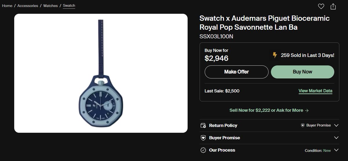 rayphil333's tweet photo. @barkmeta The math changed fast.
This watch is now reselling up to $2,946.
Profit = $2,546
192 hours = ~$13.26 per hour
It beats federal minimum wage now. But you’re right, Swatch has unlimited supply. Prices will likely crash in a week or two. Classic hype flip. https://t.co/8s3E28NElR