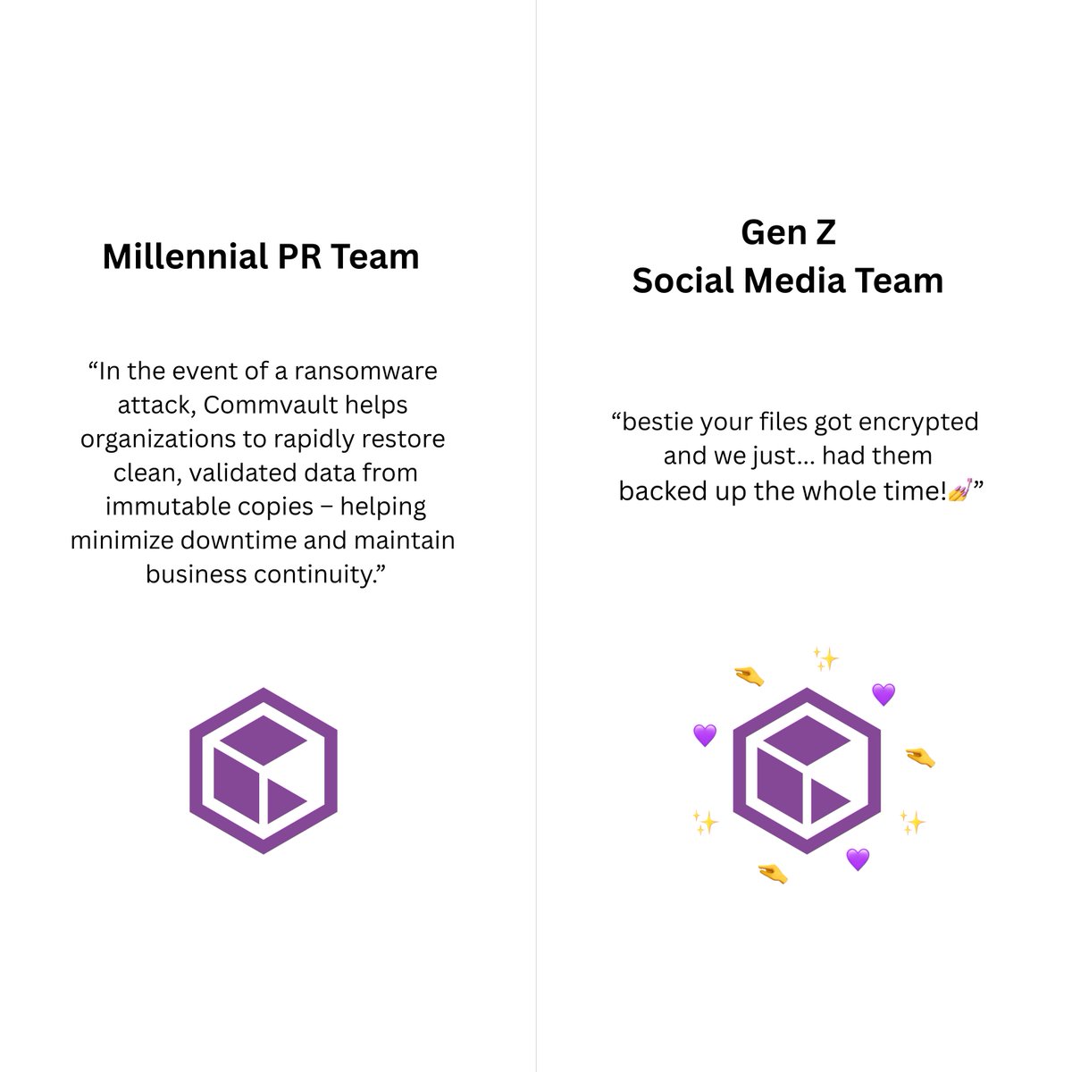 Commvault's tweet photo. Millennial vs Gen Z:

Who did it better? 👀

#CyberResilience #Commvault https://t.co/IHQn0M0Tbz