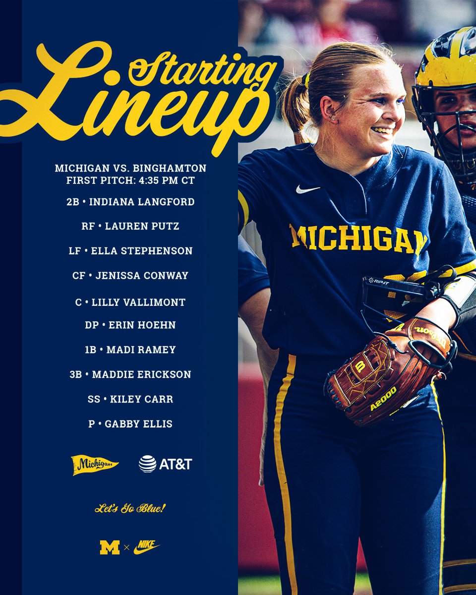umichsoftball's tweet photo. #GAME56 Starting Lineup.
ESPN+ >> https://t.co/wvqog1tahI
Live Stats >> https://t.co/nGH8uhPeR0
#GoBlue | @ATT https://t.co/2zcuLQn82e