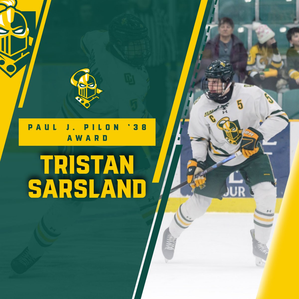 ClarksonMHockey's tweet photo. Next is a double award winner, Tristan Sarsland, who was named the Paul J. Pilon ‘38 Award Winner and Defensive Player of the Year.

Tristan was a leader on the team both in the classroom and at the point! https://t.co/NyYTIyQixt