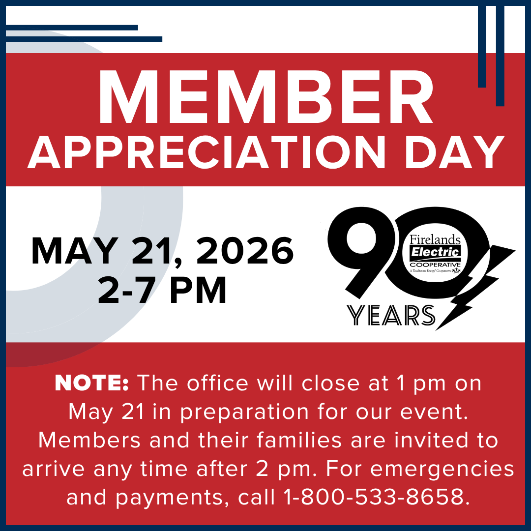 Firelands's tweet photo. NOTE: The Firelands Electric Cooperative office will close at 1 pm on May 21 in preparation for our event. Members and their families are invited to arrive any time after 2 pm to join the festivities. For emergencies and payments, please call 1-800-533-8658. https://t.co/j2Sqg1Bxhj