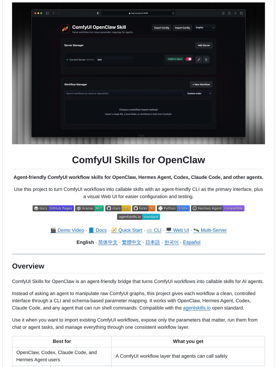 ComfyUI Skills for OpenClaw screenshot showing workflow import, server manager, workflow manager, and an agent-friendly interface on top of ComfyUI
