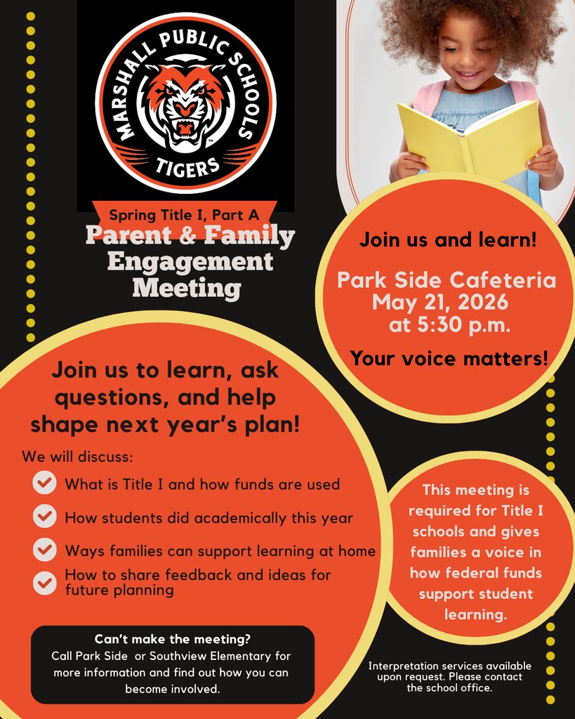 mpstigers's tweet photo. Parent &amp; Family Engagement Meeting
Park Side Cafeteria 
May 21, 2026
5:30pm

Call Park Side or Southview Elementary for more information and find out how you can become involved

**Interpretation services available upon request. Please contact the school office. https://t.co/cXYiVWjzhW