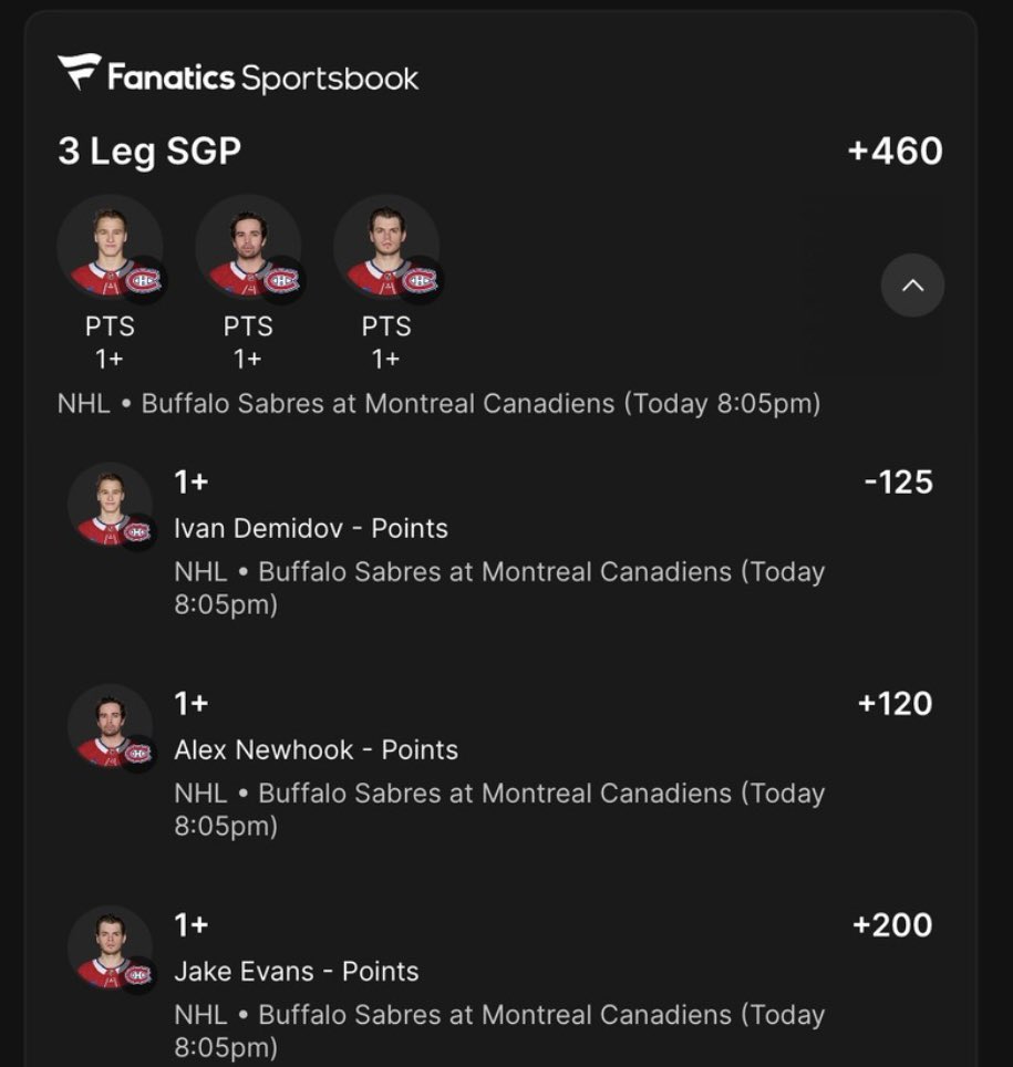 PuckPicks1's tweet photo. 🏒NHL Play🏒

Demidov / Newhook / Evans +460 -> 0.25u https://t.co/35qTlqKJt7