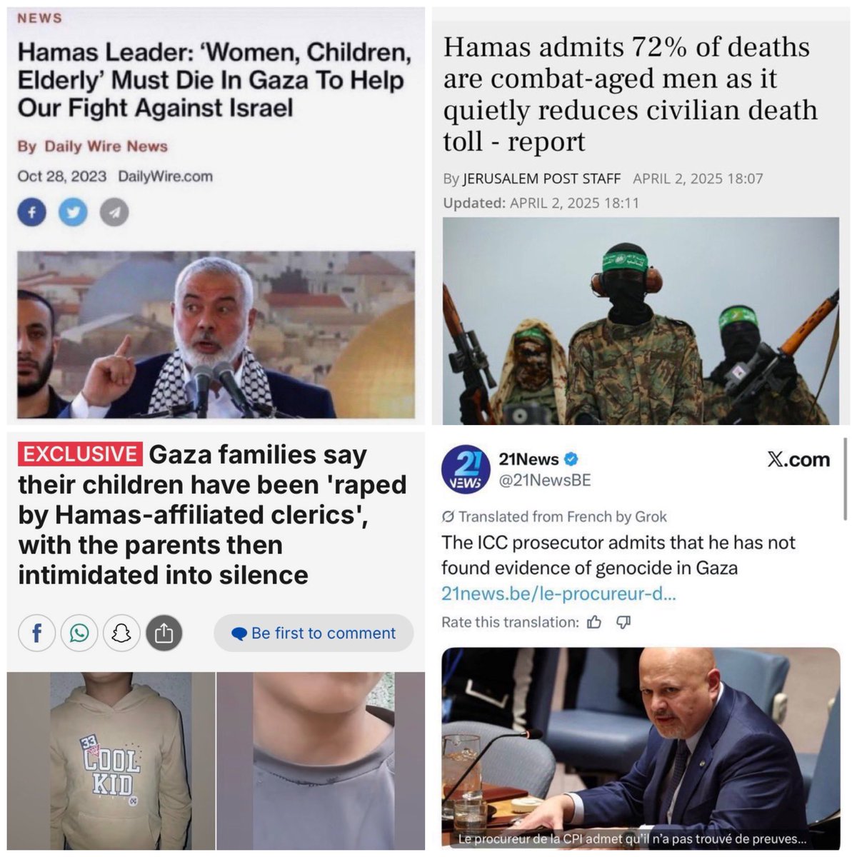 SonofLiberty357's tweet photo. Largely ignored Gaza War stories:   

1. Hamas wanted women, children, elderly to die

2. Hamas overstated civilian deaths, finally admitting 72% of dead were military age males

3. Hamas linked clerics accused of raping Gaza children 

4. ICC: No evidence of genocide by Israel https://t.co/dFJ6fVYtBs
