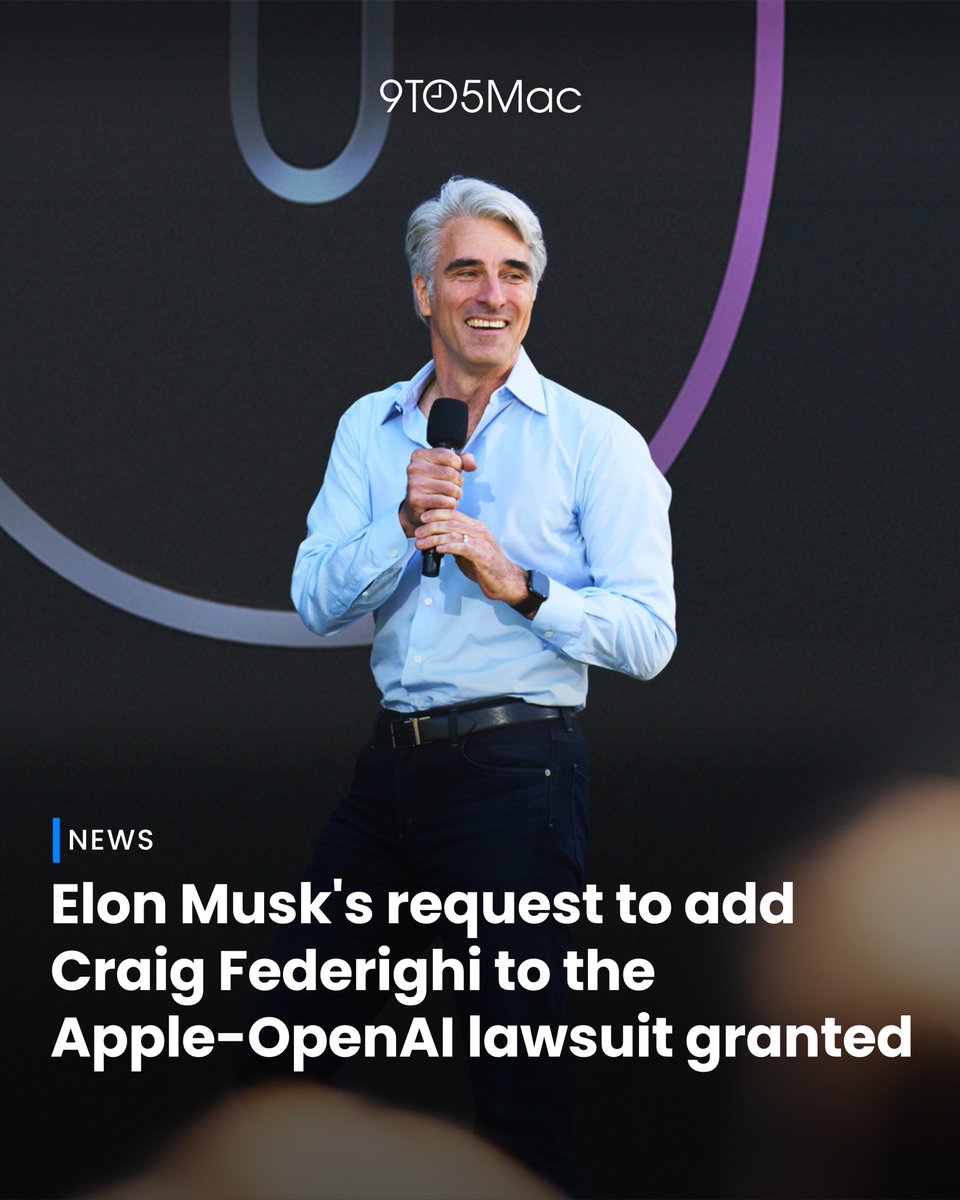 9to5mac's tweet photo. A federal court has granted Elon Musk's request to add Apple software chief Craig Federighi as a document custodian in xAI's antitrust lawsuit against Apple and OpenAI.

This means his internal communications, emails, and files must be turned over, and he'll likely be deposed.

ICYMI https://t.co/VLCVAqHUmZ