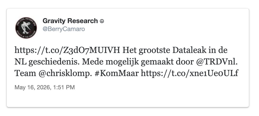 je_moeder_666's tweet photo. On February 26, 2026 — the exact day ShinyHunters published the first 680,000 stolen Odido records — @TRDVnl posted:
"Op dit moment ben ik de gelekte data van #odido aan het analyseren. ... over ongeveer een half uur staat er een pagina online"
https://t.co/fxxqyY76qI #KlompArmy https://t.co/JaZbn1h5gS
