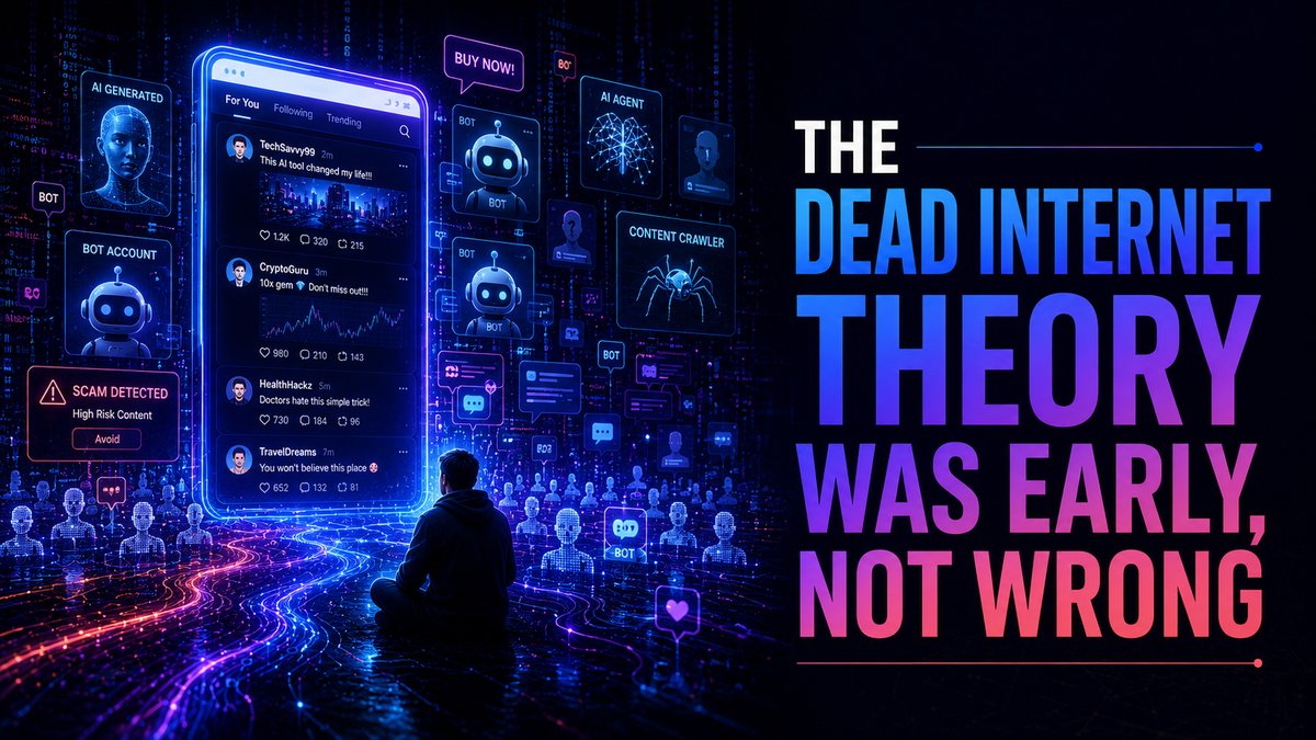 ScottCBusiness's tweet photo. The Dead Internet Theory was early, not wrong.

Bots crawl it. AI summarizes it. Agents act on it. Algorithms rank it. Scammers imitate people inside it.

The internet is not dead, but it is becoming less human.

Understand the shift behind the web: https://t.co/q0UjhnksqJ https://t.co/BiVJOa85DP