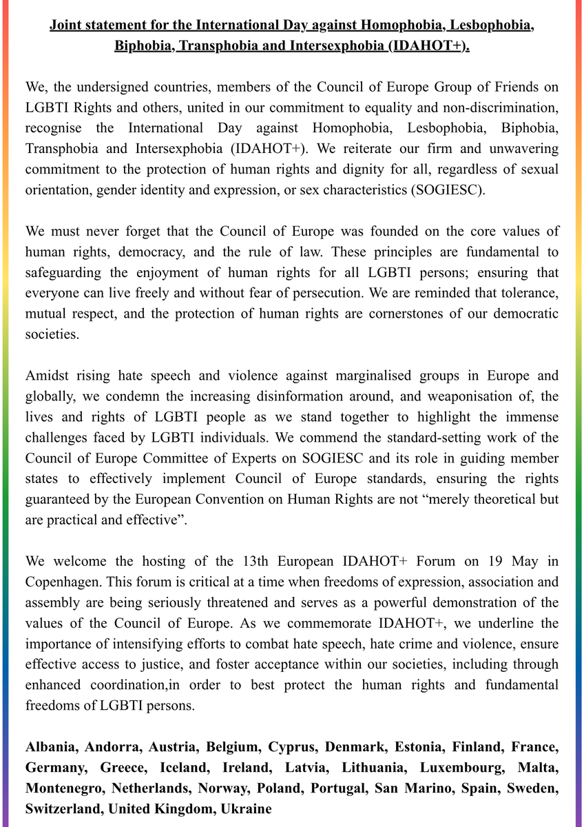 UKDelCoE's tweet photo. @UKDelCoE led a joint statement to mark the International Day against Homophobia, Biphobia and Transphobia (IDAHOT+) with other member States of the @coe.

Read more below⬇️

🇬🇧🏳️‍🌈 https://t.co/7qpYsWpg08