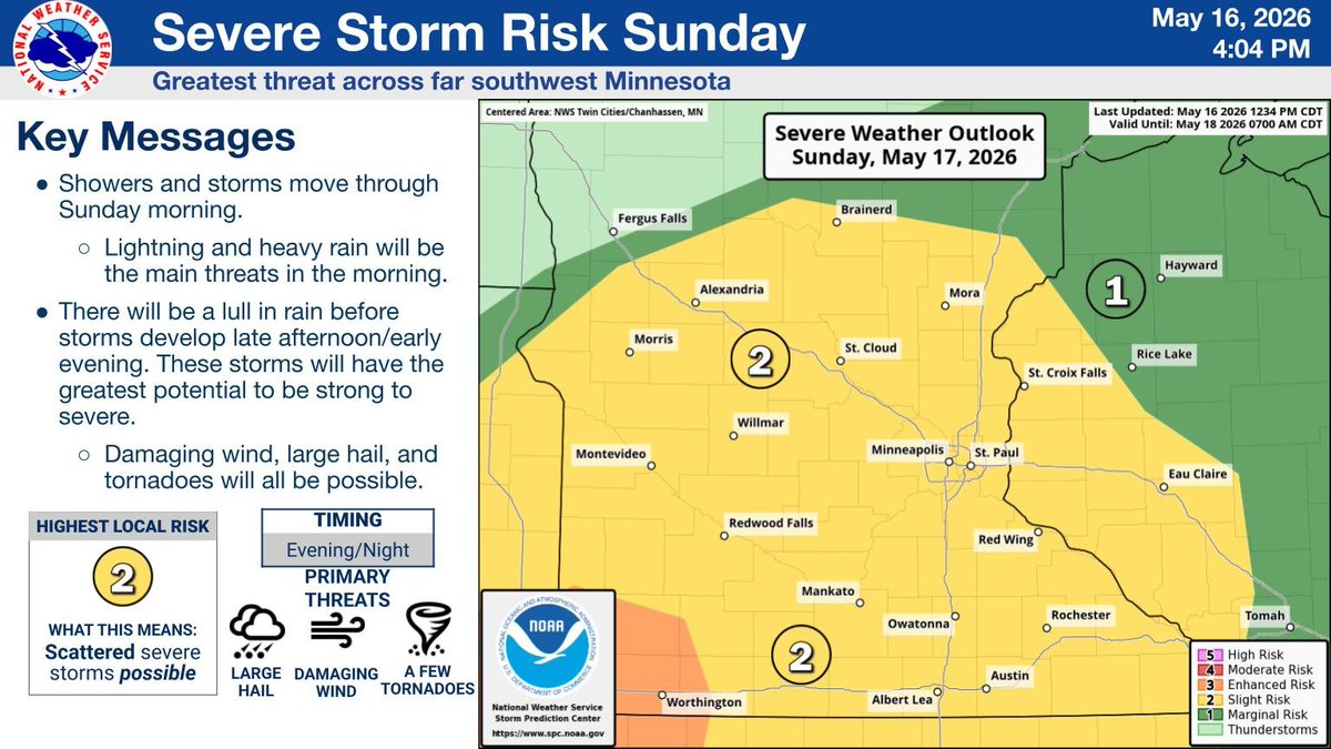 NWSTwinCities's tweet photo. Multiple rounds of rain and thunderstorms are forecast Sunday and Monday. Severe thunderstorms are possible late Sunday afternoon through Sunday night. Then, another round of severe storms is possible Monday evening/night. #mnwx #wiwx https://t.co/EXmuVBsYnl