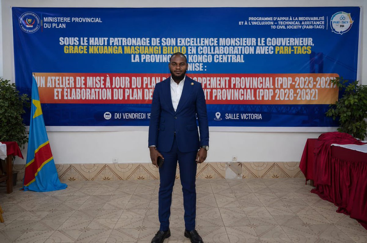 FIJADA_FORUM's tweet photo. Le Président Provincial du FIJADA Kongo-Central, Monsieur Lévi MBANZA BUTSILA, a pris part à l’atelier consacré à la mise à jour du Plan de Développement Provincial 2023-2027 ainsi qu’à l’élaboration du nouveau Plan de Développement Provincial 2028-2032 du Kongo Central, organisé par PARI-TACS, partenaire technique et financier de ces assises.

Ouverts par le Directeur de Cabinet du Gouverneur de Province, ces travaux réunissent les autorités provinciales, les forces vives ainsi que plusieurs acteurs institutionnels autour des enjeux de développement durable, de gouvernance et de planification stratégique de la Province.

Ces assises, qui se tiennent à Matadi du 15 au 21 mai 2026, visent notamment l’évaluation du plan actuel, l’intégration du cadrage macroéconomique, des actions prioritaires et des principes de l’économie verte conformément aux Objectifs de Développement Durable (ODD).

African Union
Fijada Afrique
Fijada DRC
Fijada Cameroun
Fijada Liberia Chapter