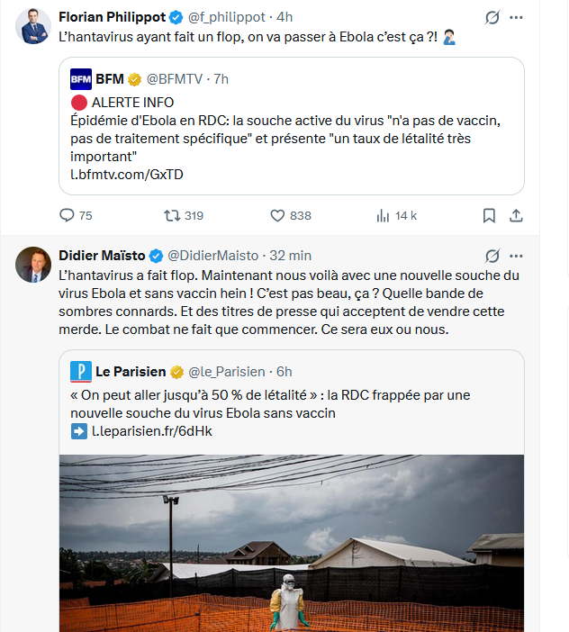 kiki2laro's tweet photo. L'#Hantavirus a fait un flop : comprenez plus assez bankable dans le marché concurrentiel du sensationnalisme #conspi.
Heureusement, #Ebola arrive pour relancer la saison.
@f_philippot et @DidierMaisto sont déjà sur le coup. https://t.co/zQK9oCTDum