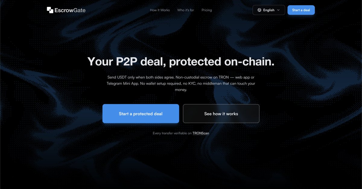 EscrowGate's tweet photo. @dramaricic Non-custodial P2P escrow on @trondao. Funds lock in a smart contract until both sides confirm. 
No KYC, no middleman, works via web or Telegram. Built for anyone doing deals with strangers online https://t.co/a1QngLhRSE