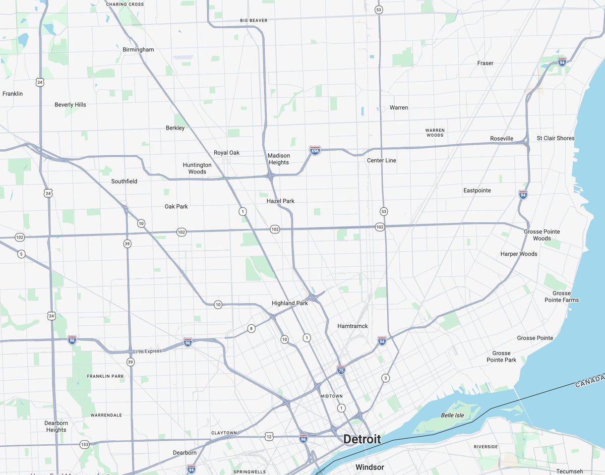 nujabrol's tweet photo. @patrickc Part of why dowtown Detroit feels depopulated vs other U.S. cities is it’s unusually easy to get in and out. You can get almost anywhere in the metro from downtown in ~30 min.

The freeway network was built in the 1950s-70s for a city of 1.85M people. Today Detroit is ~630k. https://t.co/088WCupolz