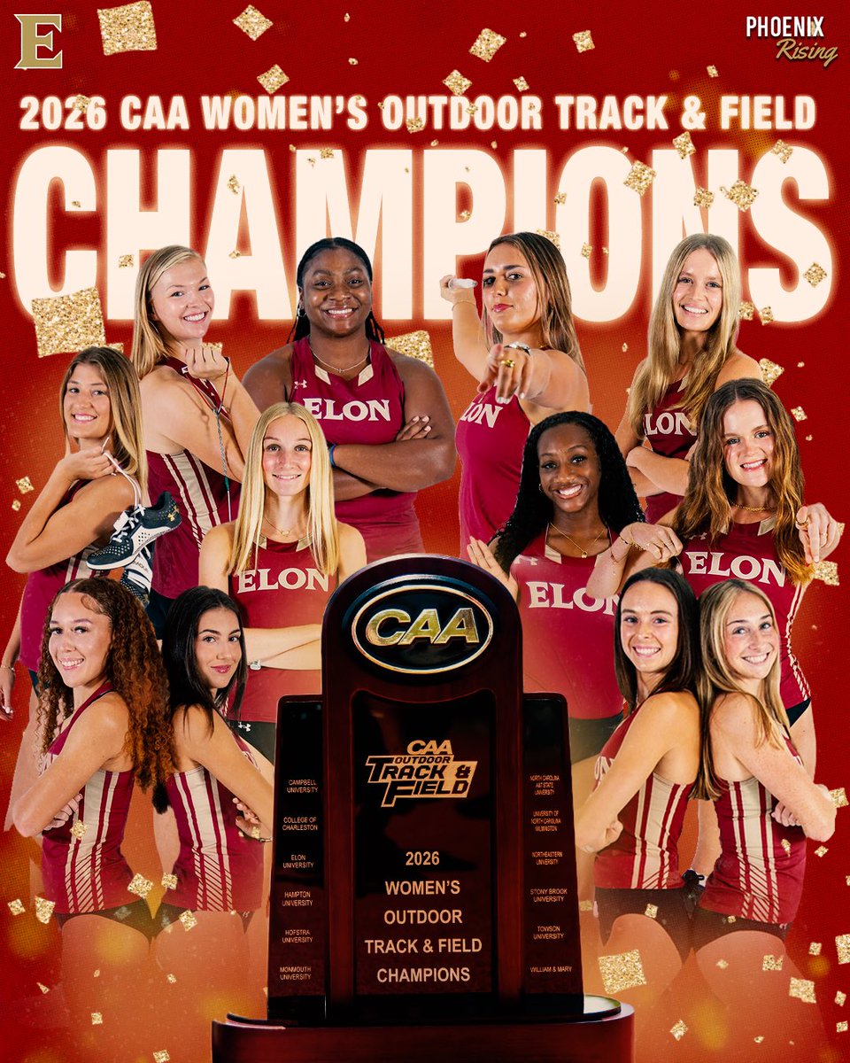 ElonXCTF's tweet photo. 𝗕𝗔𝗖𝗞-𝗧𝗢-𝗕𝗔𝗖𝗞 𝗖𝗔𝗔 𝗖𝗛𝗔𝗠𝗣𝗦! 🏆

Elon wins the CAA Outdoor Track &amp; Field Championship for the second straight year &amp; fifth time in the past six seasons!

#PhoenixRising https://t.co/rPwS9uKvXh