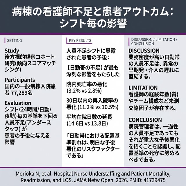 hidetamune's tweet photo. 📄 論文紹介
🏥 病棟の「日勤帯」の人手不足が患者の命に直結します。
📊 国内の一般病棟に入院した約7.7万人を対象とした研究で、病棟の標準配置を下回る「看護師の人員不足」が発生したシフトでは、在院日数の延長や死亡率の有意な上昇（3.2% vs 2.8%）が認められました。特に「日勤帯」の人員不足が最も患者予後に深刻なダメージを与えるとのことです。
🗣️ 私見：様々な改革が進む中、病棟では「効率的に」少ない人数で業務を回すことが常態化しつつあります。しかしこの論文が警告するように、基準を下回るシフトを組むことは患者アウトカムの悪化に繋がります。個人的には夜勤の人員不足が危ないのかなと思いましたが、業務が集中する「日勤帯」での人員不足がアウトカム悪化に強く結びついていました。人材供給不足は、診療報酬が物価高に連動しておらず給与上昇が他職種と比べて遅れがちなことと無関係ではないように思います。
Morioka N, et al. JAMA Netw Open. 2026. PMID: 41739475
#医療安全 #働き方改革 #病院システム #看護師 #チーム医療