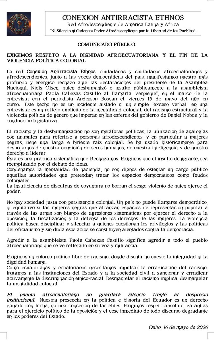 alexocles's tweet photo. Que las autoridades de un país plurinacional e intercultural como Ecuador, promuevan el racismo y la violencia política, es indignante. #NoalRacismo https://t.co/82Gqup8IZM