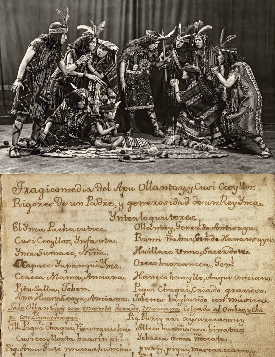 alb_giraldo's tweet photo. La copia manuscrita más antigua que se conserva de este drama #andino escrito en #quechua #cusqueño durante la época virreinal y titulado «Tragicomedia de Apu #Ollantay y Cusi Ccoyllor. Rigores de un padre y generosidad de un rey ynca» es un manuscrito anónimo que data del siglo XVIII. Este valioso documento perteneció al clérigo cusqueño Antonio Valdés, quien durante mucho tiempo fue considerado el autor de la obra, aunque actualmente se le atribuye ser su recopilador y adaptador.
Sin embargo, la más importante de esas versiones es la copia original realizada a fines del siglo XVIII por el intelectual Justo Pastor Justiniani Se conserva en el Archivo General de la Nación y fue declarada Patrimonio Cultural de la Nación en 2021.
La hipótesis más aceptada en la actualidad indica que la historia original es de origen #inca y que se transmitió oralmente durante siglos. Así llegó hasta la época virreinal, cuando fue adaptada al formato teatral occidental, aunque se desconoce el nombre del autor o autores de esa adaptación.
La obra se publicó por primera vez en 1857 por el suizo Johann Jakob von Tschudi (en quechua y alemán). La primera traducción al español apareció en Lima en 1868, realizada por José Sebastián Barranca.
La obra está escrita en verso, dividida en tres actos, con predominio de octosílabos y endecasílabos, rima asonante y algunos versos blancos. Combina de manera magistral la identidad mestiza de la literatura #peruana: por un lado, muestra un estilo refinado, con frases precisas y dicción hispana; por otro, refleja el elevado espíritu de la sociedad inca y sus tradiciones ancestrales.
📸 Puesta en escena del drama «Ollantay» (1923), por la Misión Peruana de Arte Inca, bajo la dirección de Juan Manuel Figueroa Aznar / copia manuscrita del drama Ollantay hecha por Justo Pastor Justiniani en el siglo XVIII.