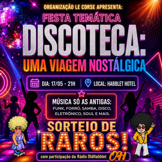 OldHabblet's tweet photo. 📼 Rebobine a fita e aumente o volume! Uma noite inspirada nos anos 80 está chegando com muito brilho, música e nostalgia. Vista seu melhor look retrô e prepare-se para entrar na pista da @LeCorsehb! 🕺🪩

📅 17/05 (amanhã);
⏰ 21hBR
📍 @MeuHabblet https://t.co/IvZGCgu2rq