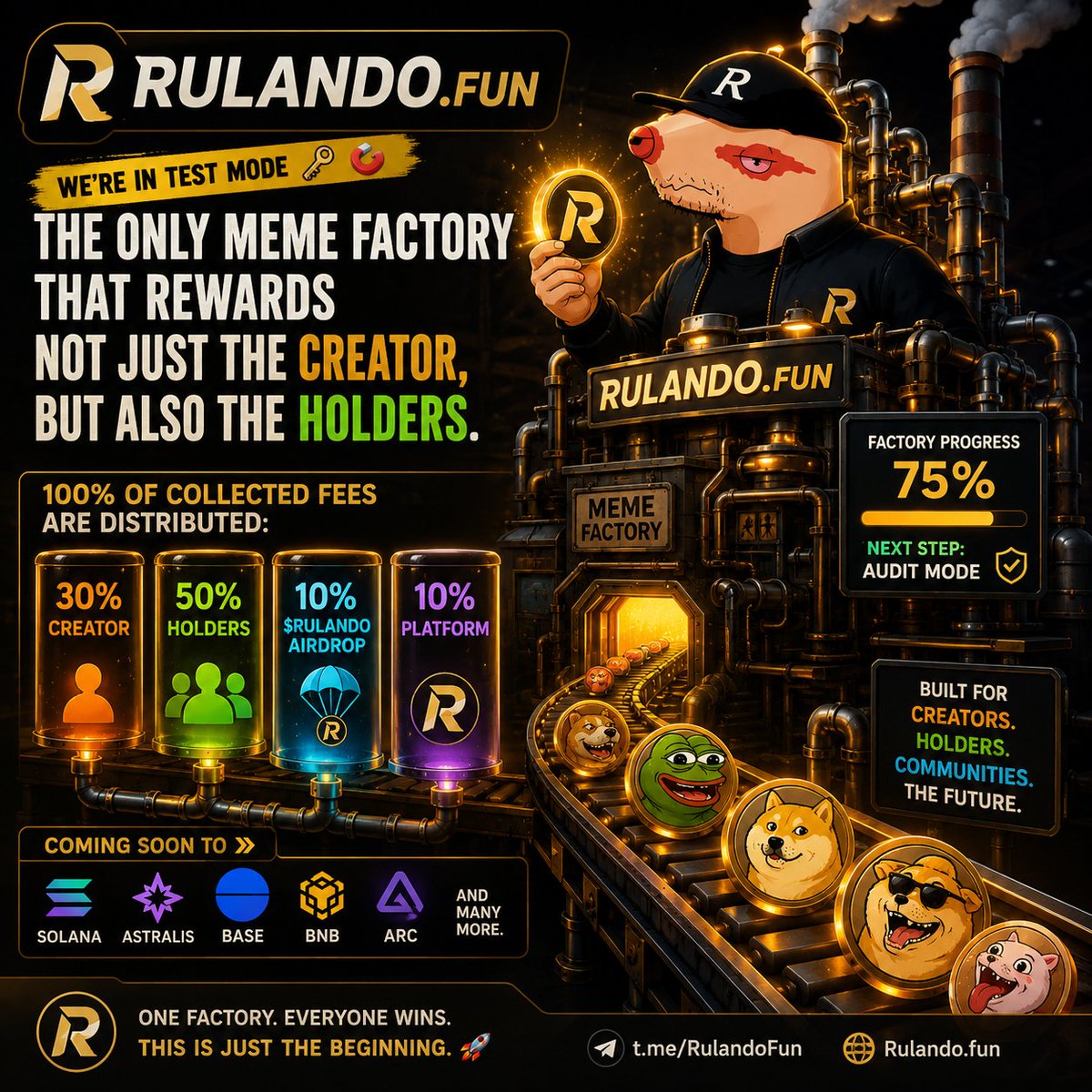 Machalaofweb3's tweet photo. 🚧 @Rulando_Fun is entering the next phase.

Not another meme launcher.
A meme economy built for creators and holders. 🧲

Here’s how the ecosystem rewards are distributed:

🔸 30% → Creator
🔸 50% → Holders
🔸 10% → $RULANDO Airdrop
🔸 10% → Platform

The factory is now 75% complete and moving toward audit mode 🔥

Launching across:
#Solana #Astralis #Base #BNB #ARC and more.

The future of meme communities won’t be extractive.
It will be shared. 🚀