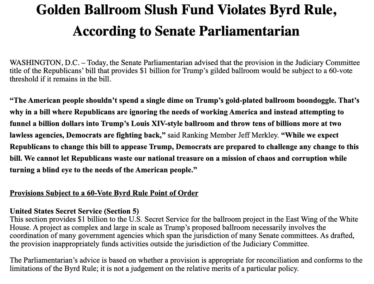 LauraEWeiss16's tweet photo. New: The parliamentarian ruled against language in the GOP's reconciliation bill related to securing the WH ballroom project, per Senate Budget Dems

Senate Republicans were already making changes to the language based on Byrd Bath mtgs. R's can go back w/ reworked text & intend to keep trying to make tweaks as necessary