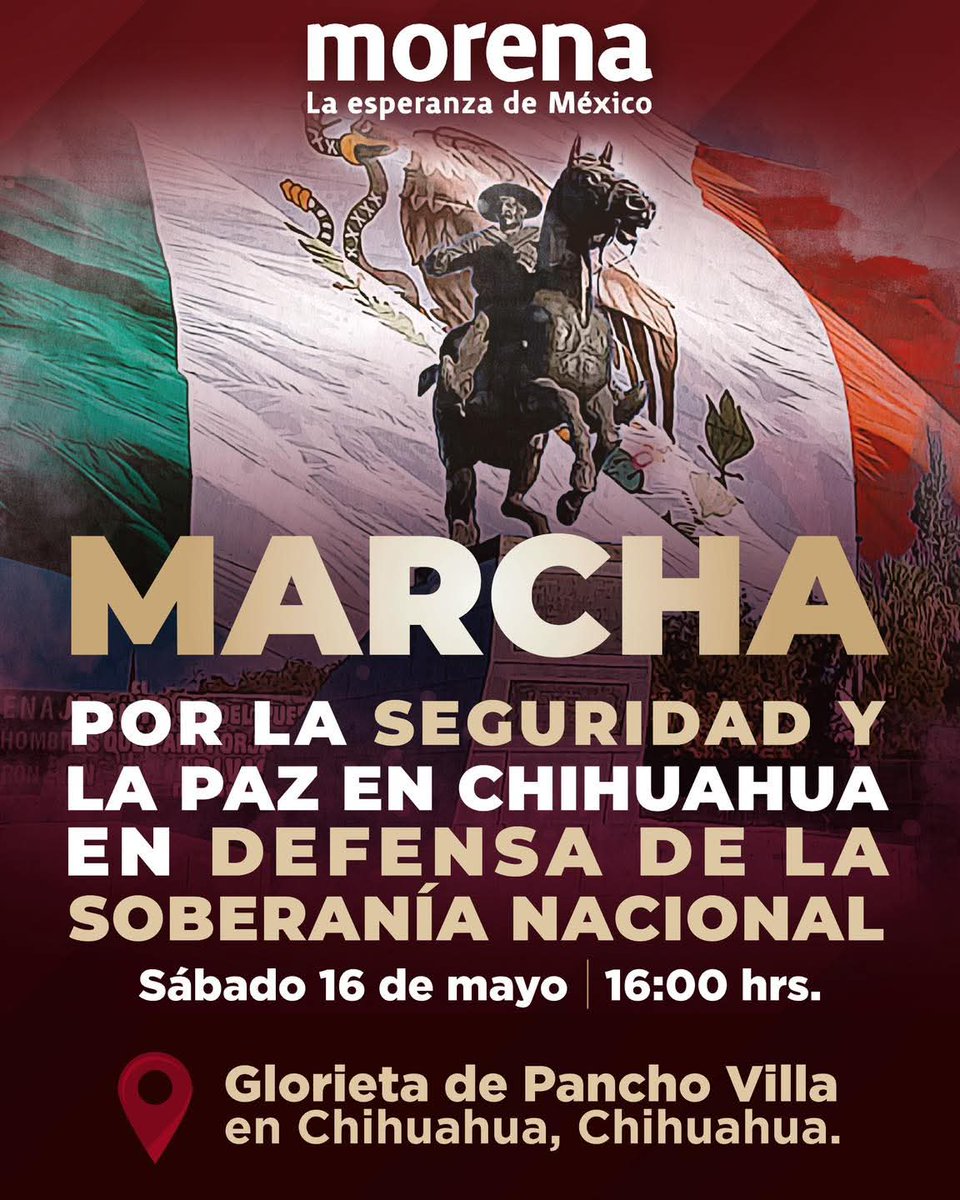 AniluVane's tweet photo. 🚨🇲🇽 ¡#EsHoy!
Por la seguridad, la paz y el bienestar de nuestro pueblo.
Nos vemos en la 📍Glorieta de Pancho Villa, #Chihuahua, a las 16:00 horas.

La patria se defiende con el pueblo. 🇲🇽
#HumanismoMexicano https://t.co/G2DYbsyEOf