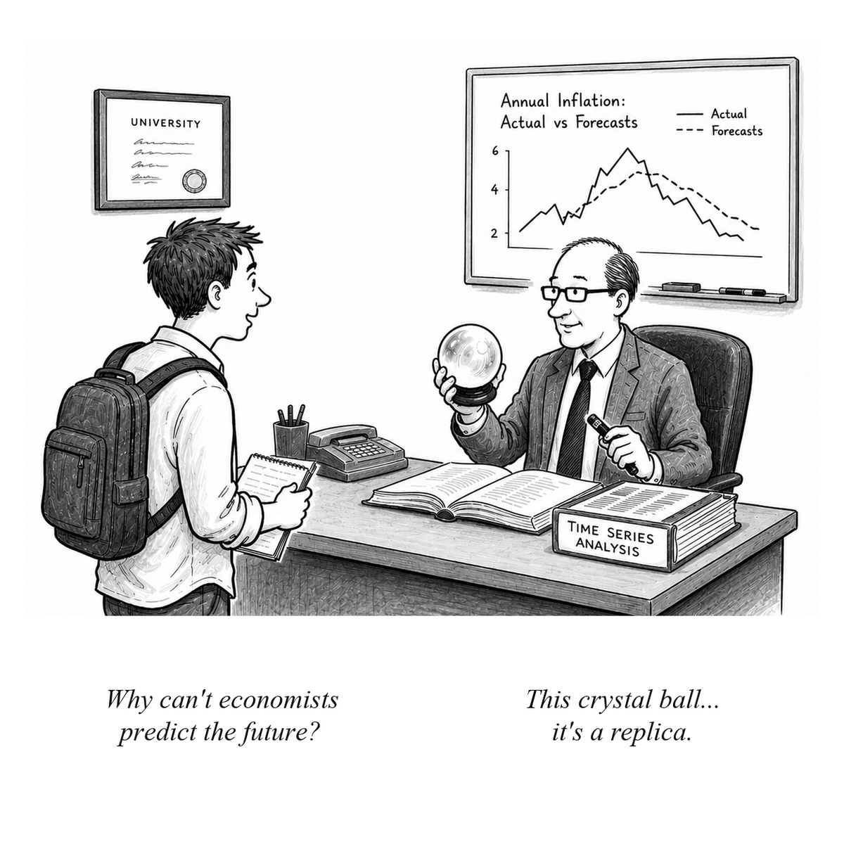 DavidUbilava's tweet photo. I teach economic forecasting. This year I decided to AI-generate a cartoon for each lecture. Here goes (a thread):

1. Introduction to forecasting https://t.co/yNzxNiFJKa