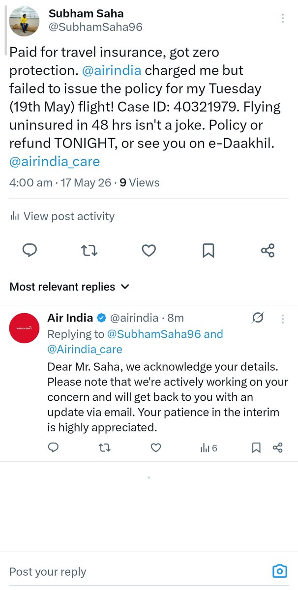 SubhamSaha96's tweet photo. "Your patience is highly appreciated" = We took your money instantly, but your safety can wait. Flight is in 48 hours. If you guys spent half as much time issuing policies as you do copy-pasting templates, this would be fixed. @airindia @MoCA_GoI https://t.co/9kLjkAT5Jk