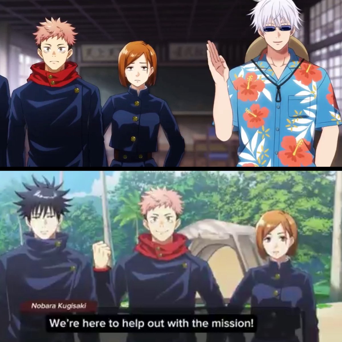 daily_gojohime's tweet photo. Seems like Gojo found out Utahime heading to Okinawa on a mission with her kids and decided to show up to help along with his kids. 🤣 This also reminds us of that time he called Utahime and told her to be extra careful during the mission 😩🩵❤️ https://t.co/Kb32e9ymP1