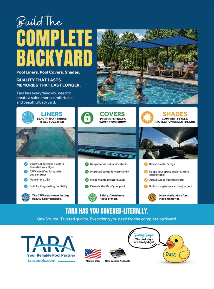 DevincahnAssoc's tweet photo. Transform your backyard into an oasis. 🌴🌊 One trusted source has it all: CFFA-certified liners, safety covers, and stylish shades. Tara covers you—literally. Safer, comfier, more beautiful. 

Reach out to your local DCA rep about Tara and start transforming your space today! https://t.co/x4PKH0v47J