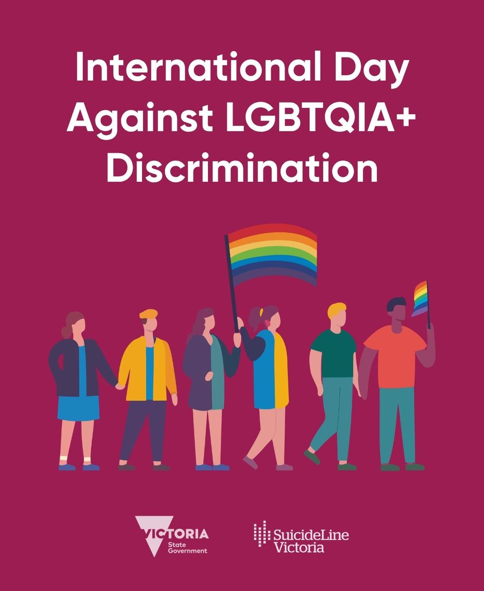 SuicideLine's tweet photo. International Day Against LGBTQIA+ Discrimination is a reminder that everyone deserves to feel safe and supported. Discrimination can affect mental wellbeing, which is why checking in matters. SuicideLine Victoria is here. Call 1300 651 251 or visit https://t.co/C9sDwSPI1T. https://t.co/ofhCGHYRed