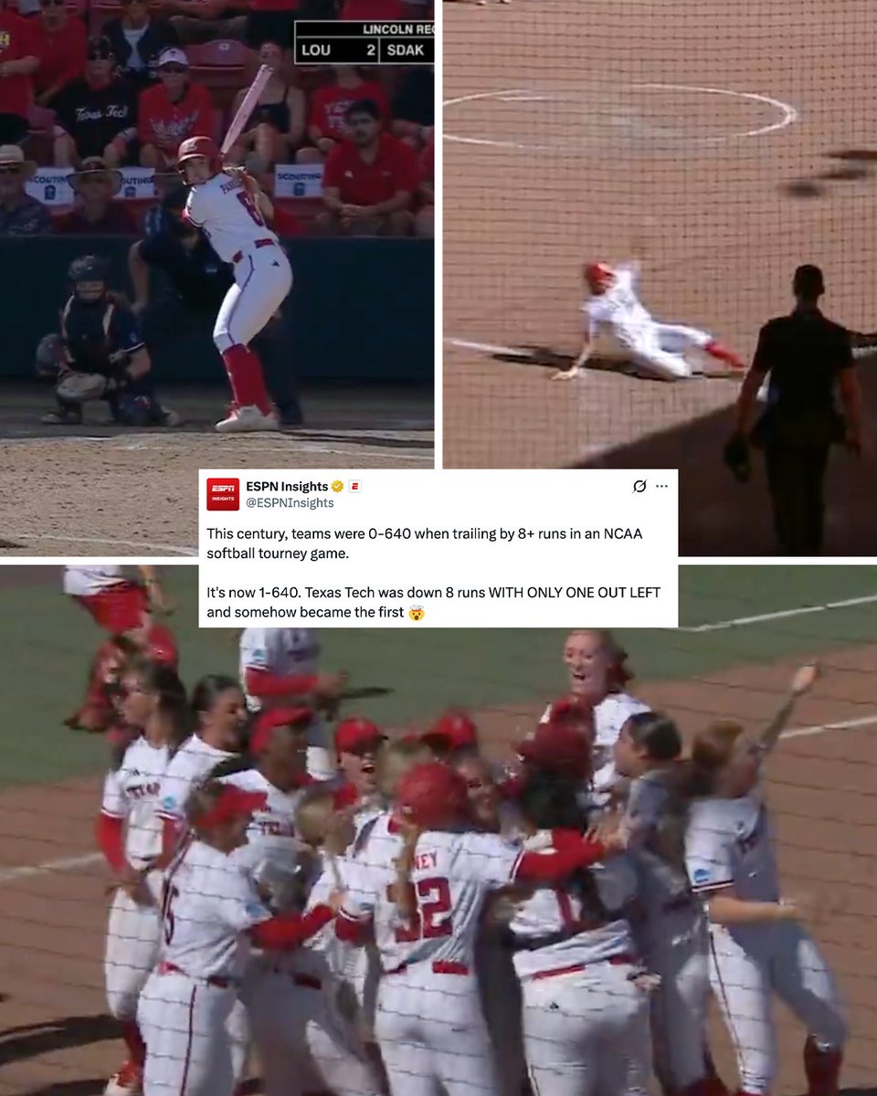 NCAASoftball's tweet photo. A historic comeback for the Red Raiders‼️

(3) @TexasTechSB came back from an eight-run deficit to eventually beat (6) Ole Miss, 10-9 (8 inn.).

#RoadToWCWS https://t.co/ZeTZDIQIOh